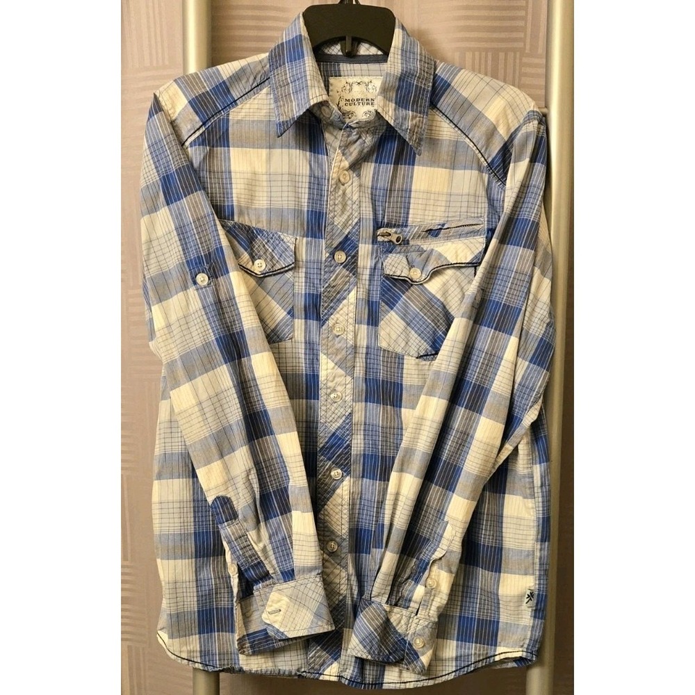 Modern Culture Mens Blue Plaid Roll-Tab Long-Sleeved Button-Down Shirt Sz Small‎